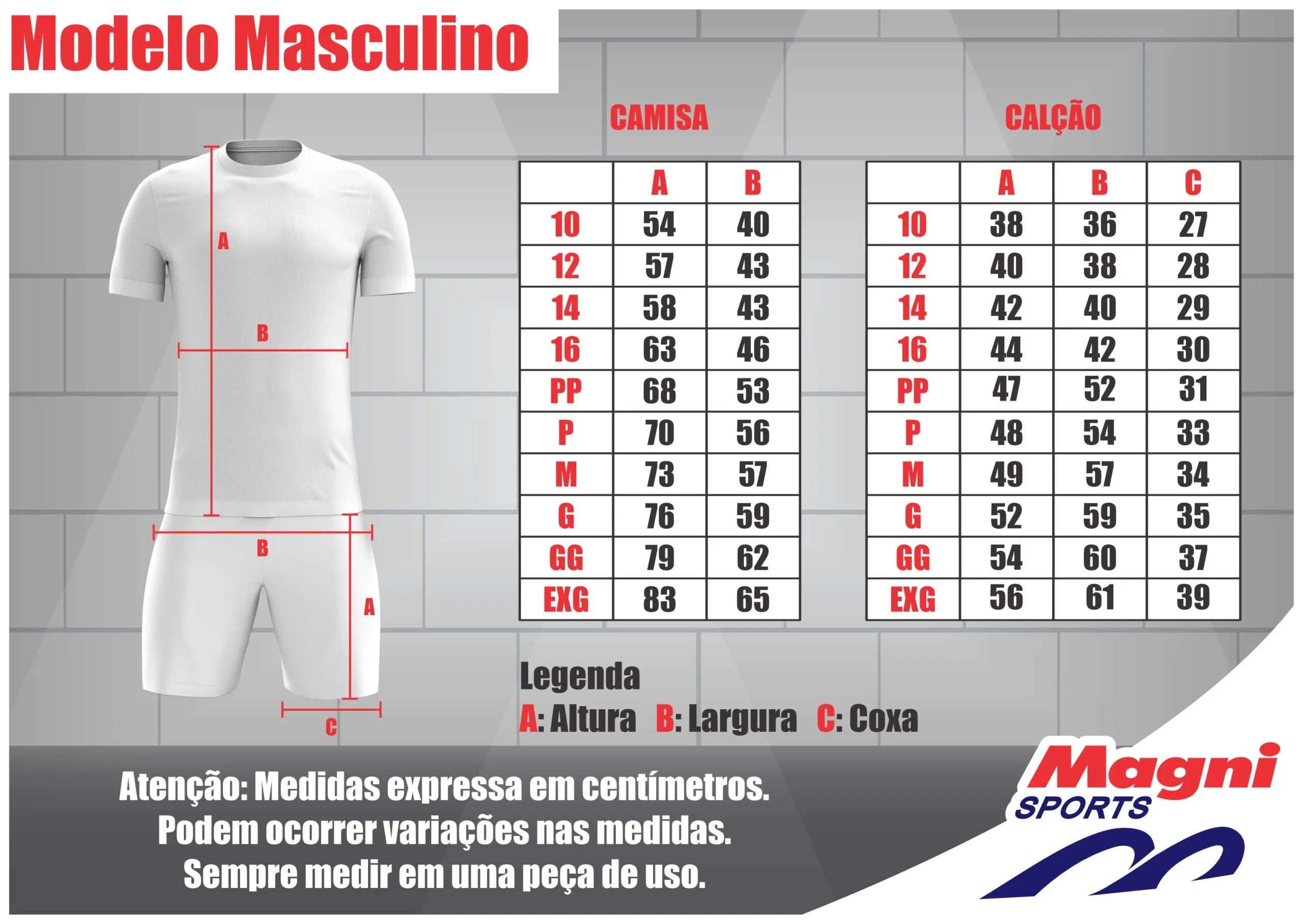 Medidas Camisa e calção Masculino